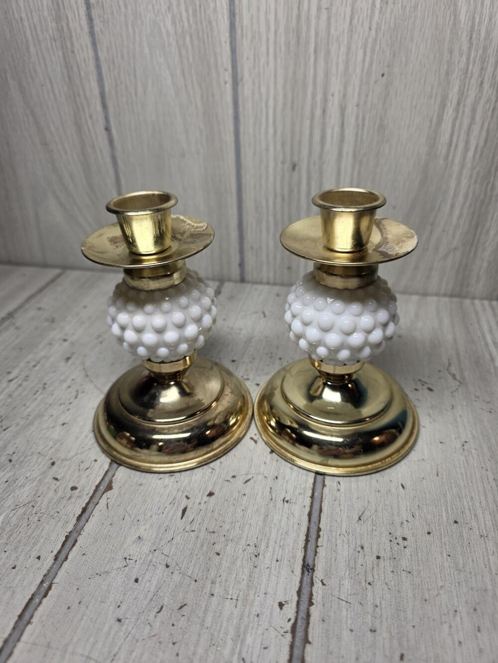 Vintage Milk Glass Hobnail Candle Holders Brass Set 5” GrandmaCore Cottagecore